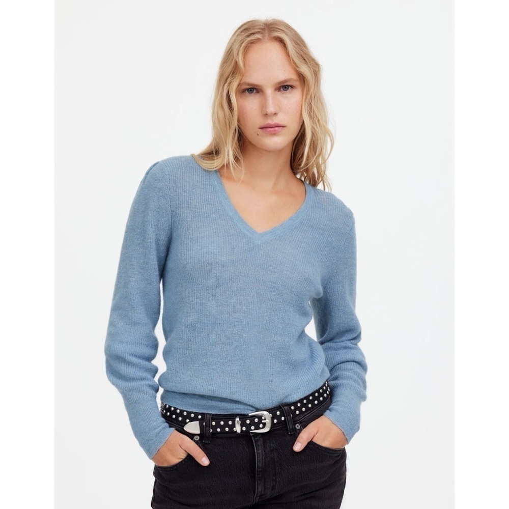 Madewell Sweater Alpaca-Blend Deep V-Neck Long Sleeve Hthr Blue Jeans M